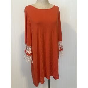 Christian Caliendo Dress Womens Large Orange Boho Lace Sleeve Tunic Made USA